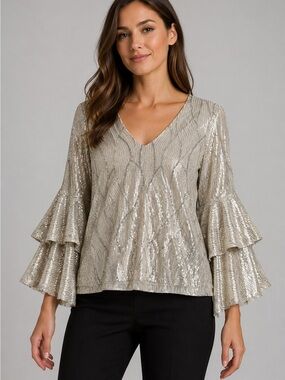 Metallic Silver Sequin V-Neck Bell Sleeve Top
